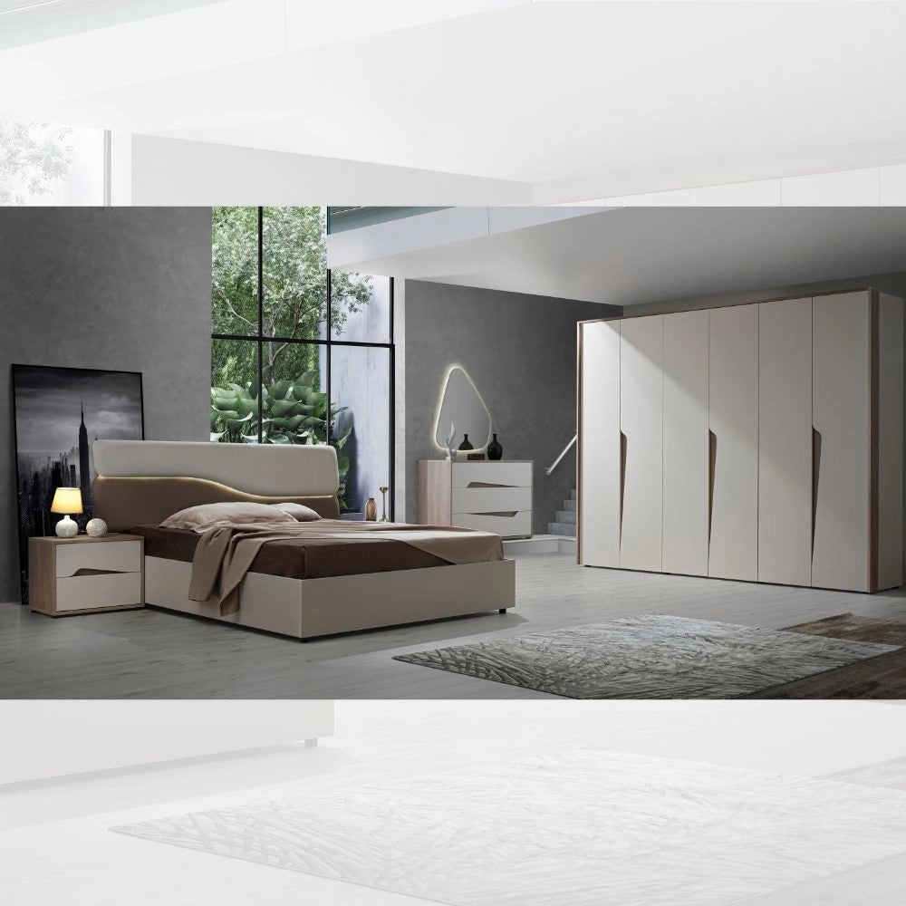 Camera da letto con letto contenitore Soleil colore cashmere e olmo biscotto