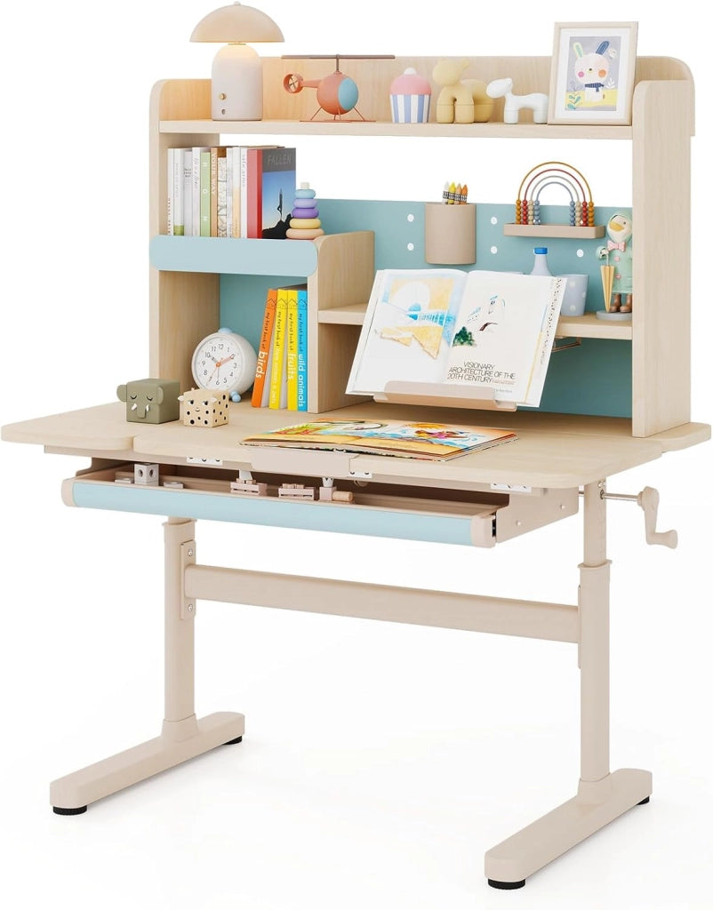Scrivania per Bambini 3+ Anni, Tavolo da Studio Regolabile in Altezza con Libreria e Cassetto, Piano Inclinabile, Mensole, Leggio e Portapenne, Scrivania per Studiare (Blu)