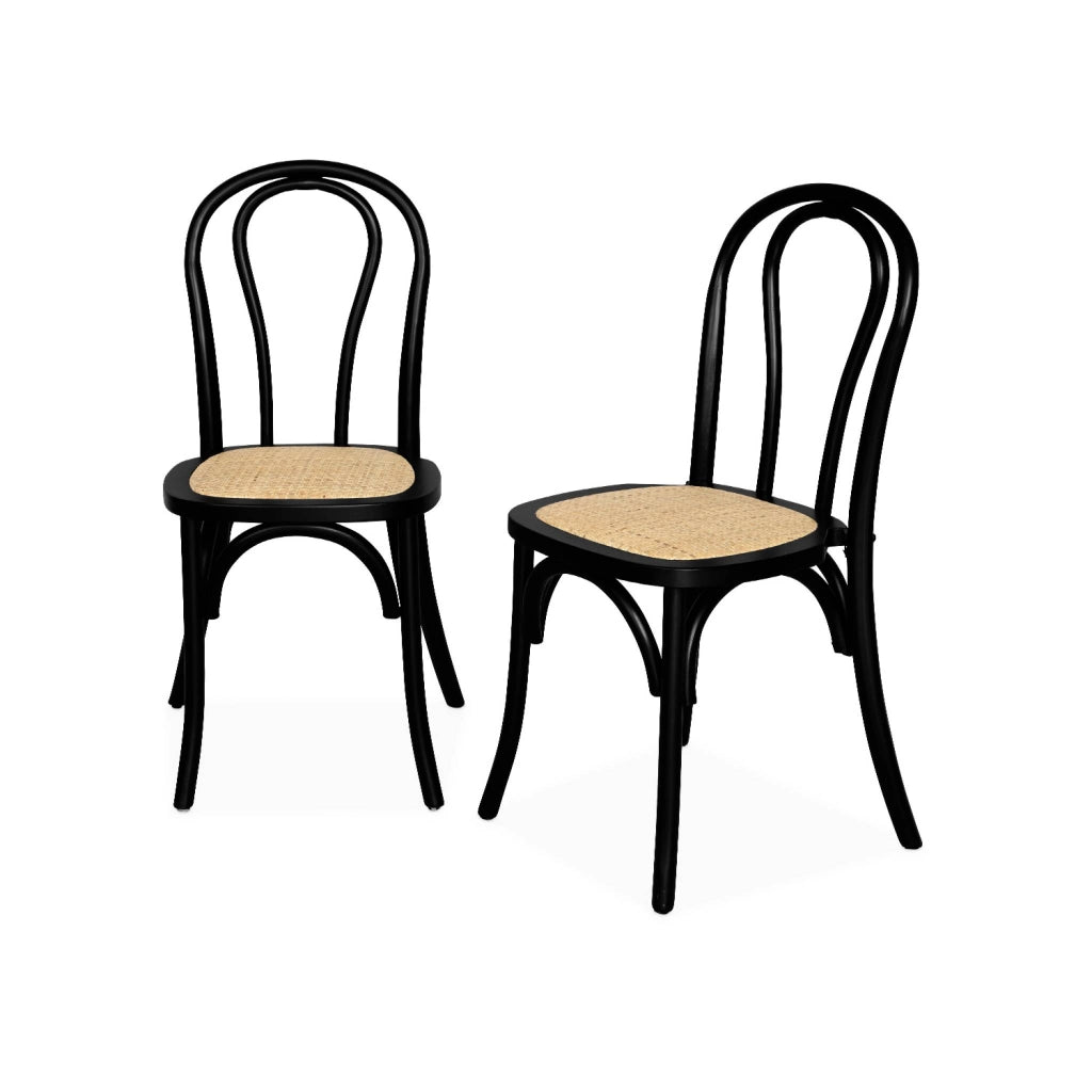 Set 2 sedie vintage in legno e rattan, nero