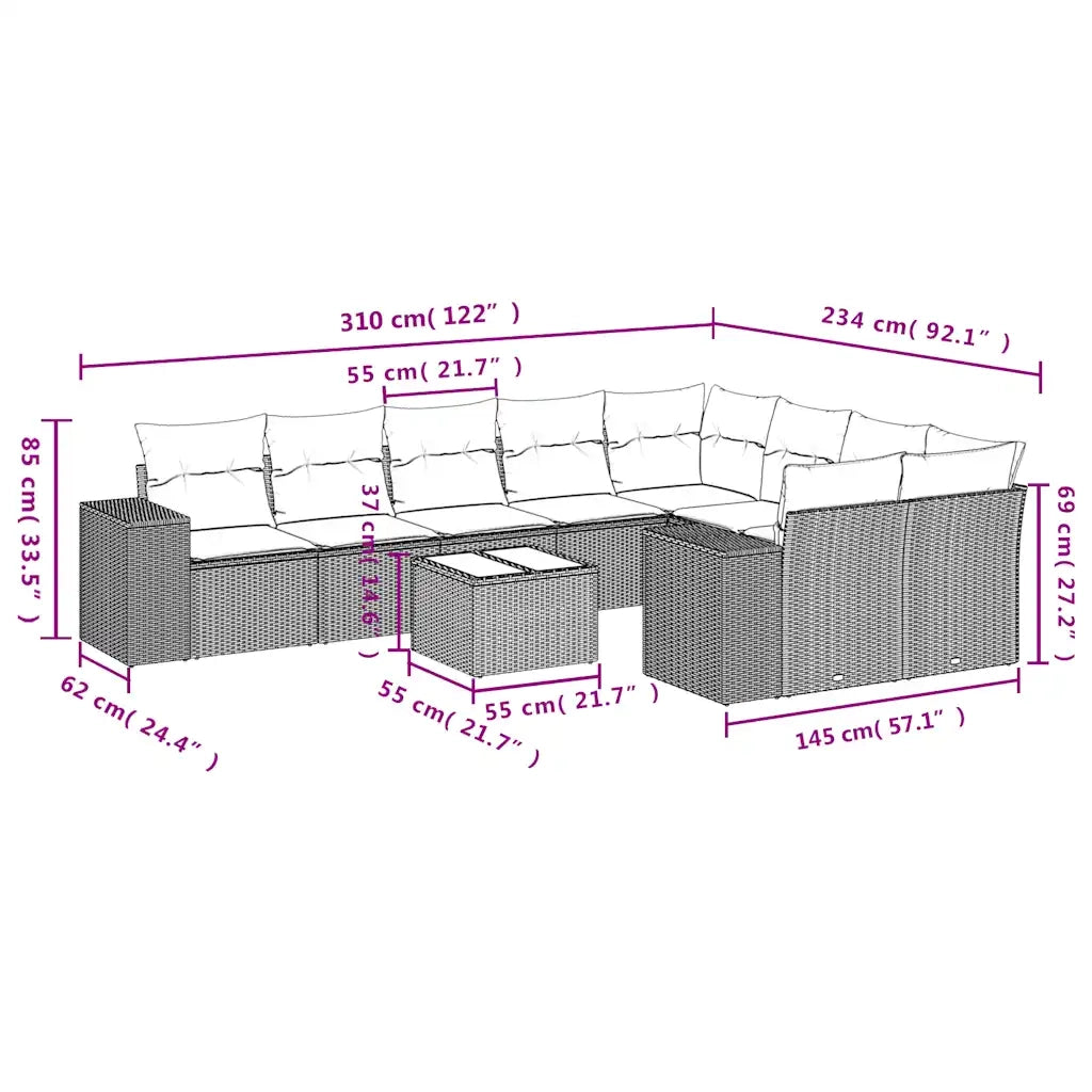 Set Divani da Giardino 10pz con Cuscini in Polyrattan Marrone 3223052