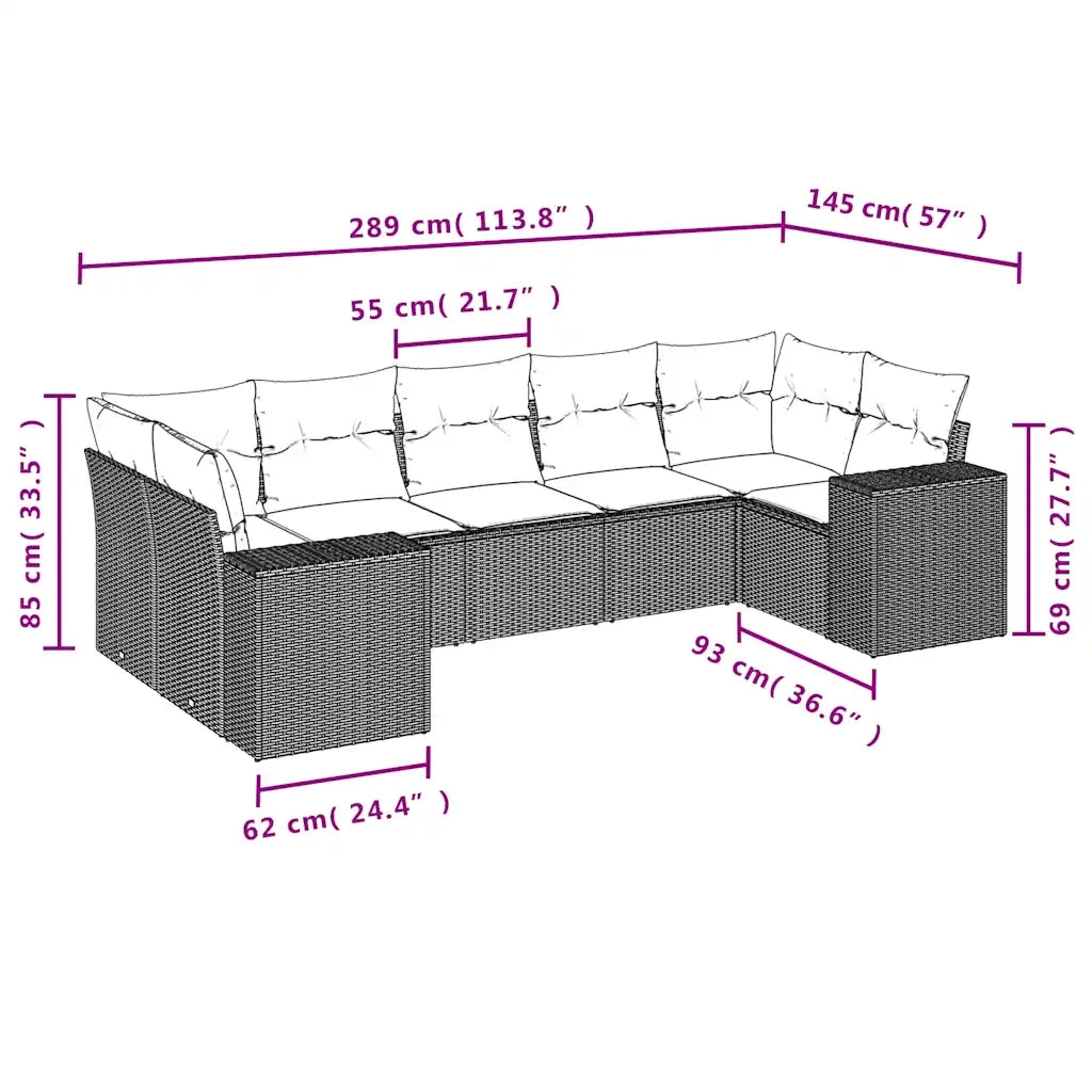 Set Divani da Giardino 7 pz con Cuscini Marrone in Polyrattan 3222993