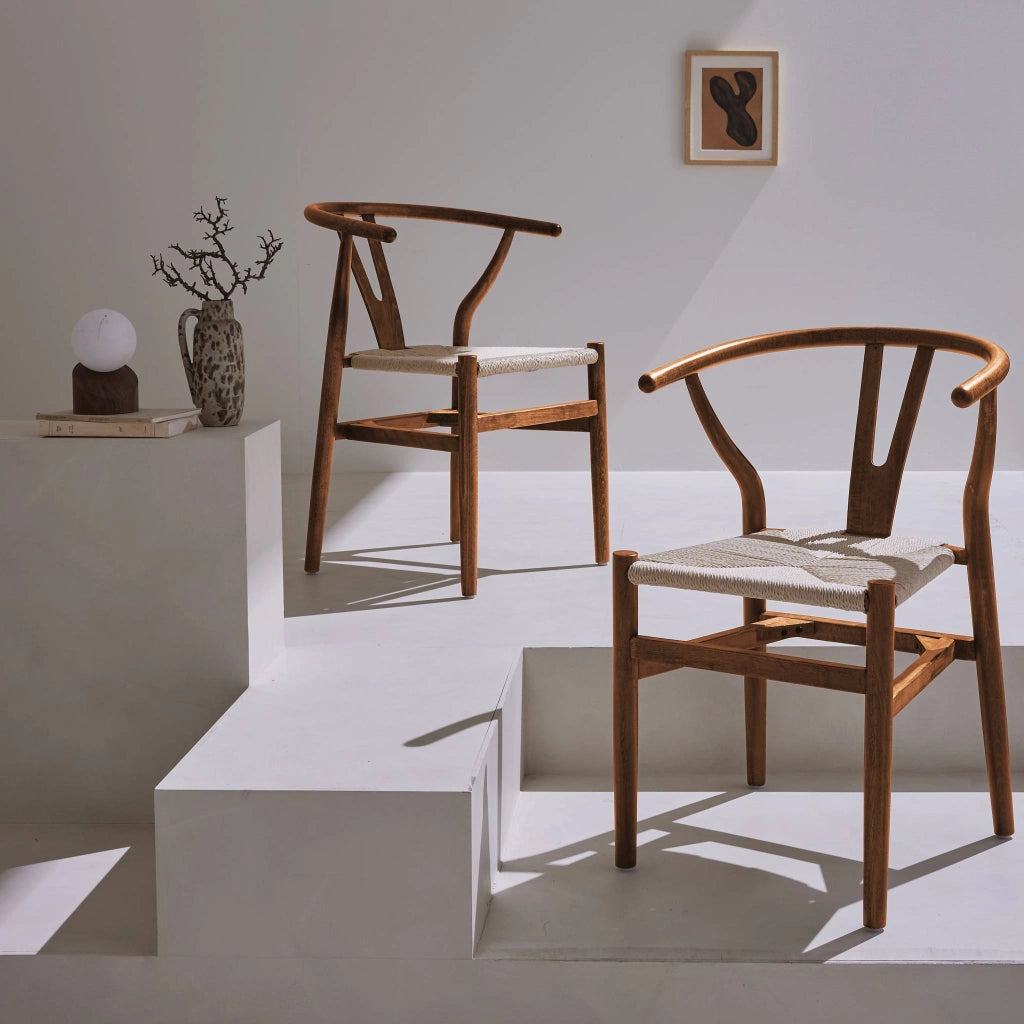 Set 2 sedie in legno con seduta in corda, noce