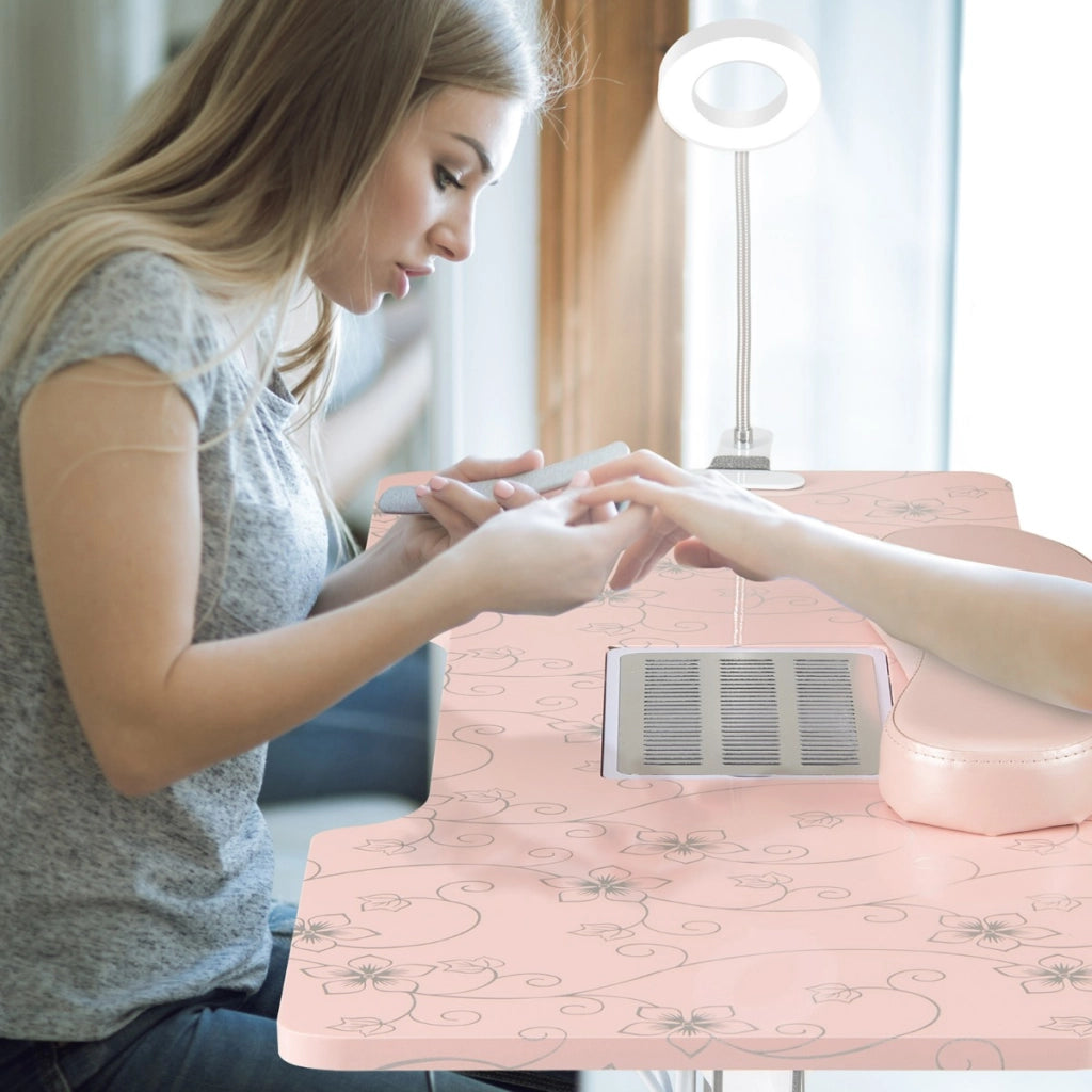 Tavolo manicure pieghevole con aspiratore elettrico e borsa da trasporto, Scrivania portatile unghie con luce led Rosa