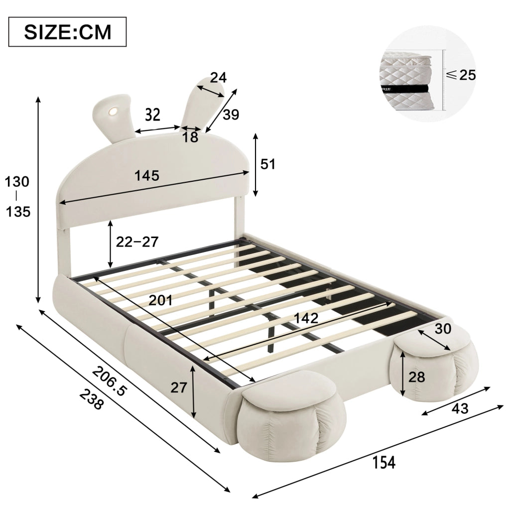 Letto imbottito 140x200 cm con contenitore e LED in velluto beige