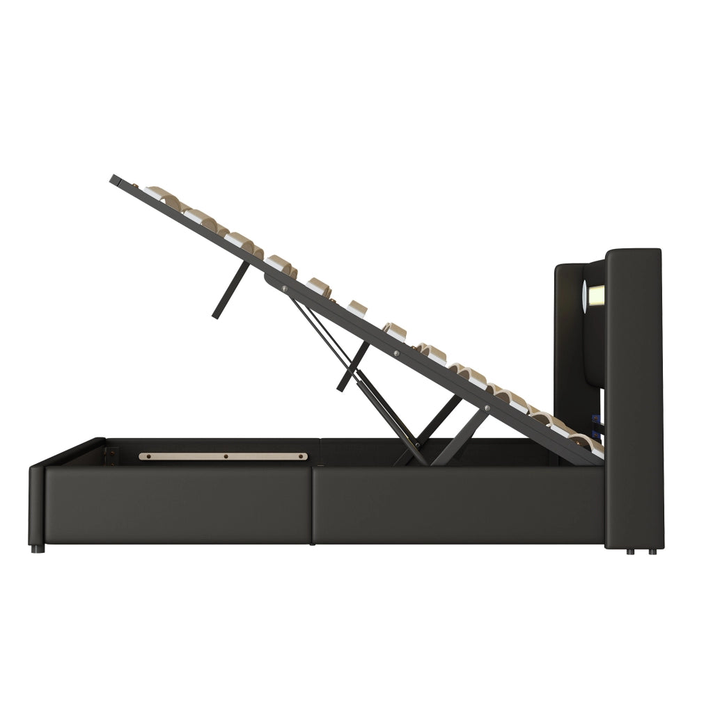 Letto contenitore 160x200 cm con LED; Bluetooth e USB; pelle PU nero (Senza materasso)