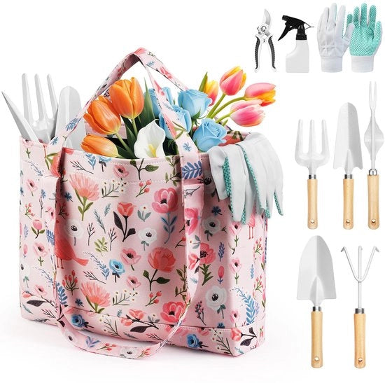 Set di giardinaggio 10 pezzi per donne, attrezzi di giardinaggio in acciaio inossidabile e duraturo con organizzatore di fiori, regalo per donne appassionate di giardinaggio (bianco rosa)