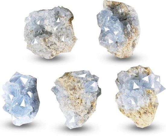 Cluster di Minerali Ruvido Celestite Naturale - Cristallo di Curazione per Meditazione - Decorazione per la Camera da Casa - Adatto per l'Energia - Celestino - 5 pezzi.