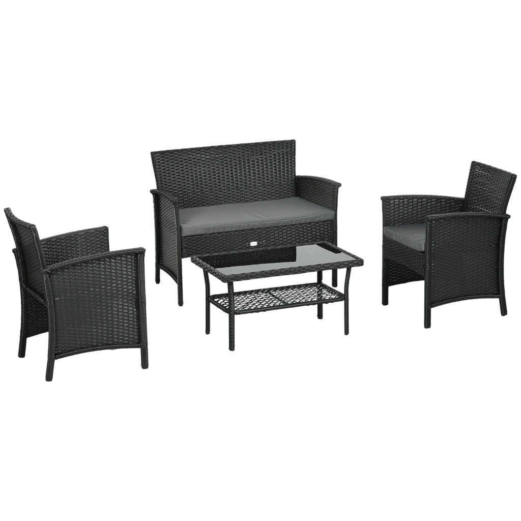 EasyComfort Salotto da Esterno Rattan PE con Divanetto, 2 Poltrone con Cuscini e Tavolino in Vetro, Nero e Grigio