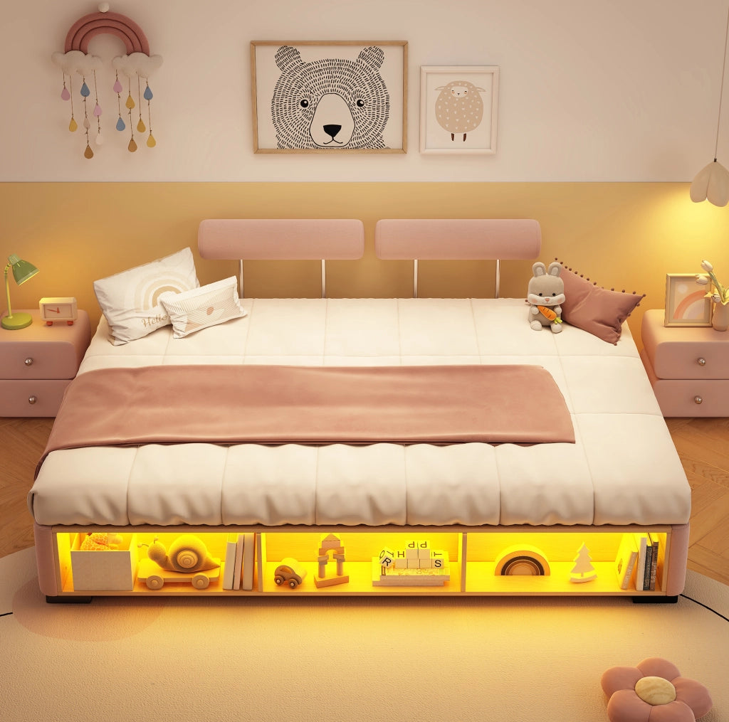 Letto imbottito per bambini rosa 140x200 cm con LED e vano laterale