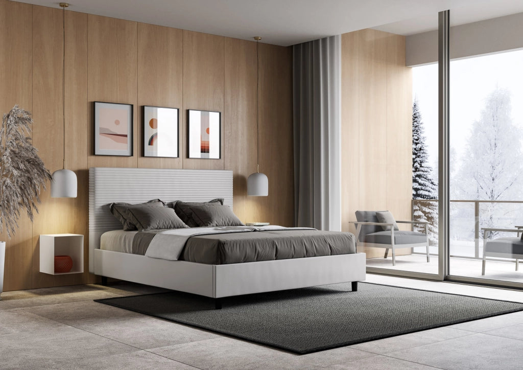 BS COM Letto matrimoniale senza rete imbottito 160x200 similpelle bianco