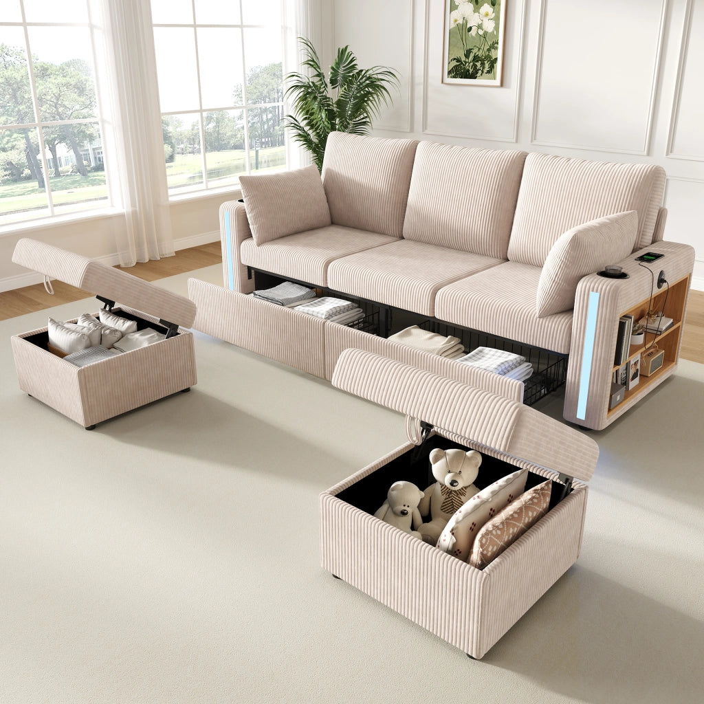 Divano modulare a U e L con contenitore; luci LED e USB in velluto a coste beige