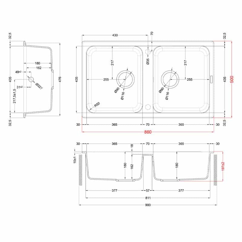 Lavello Elleci Incasso 2 vasche 86x50 Life 450 Granitek Bianco Antico LG245062