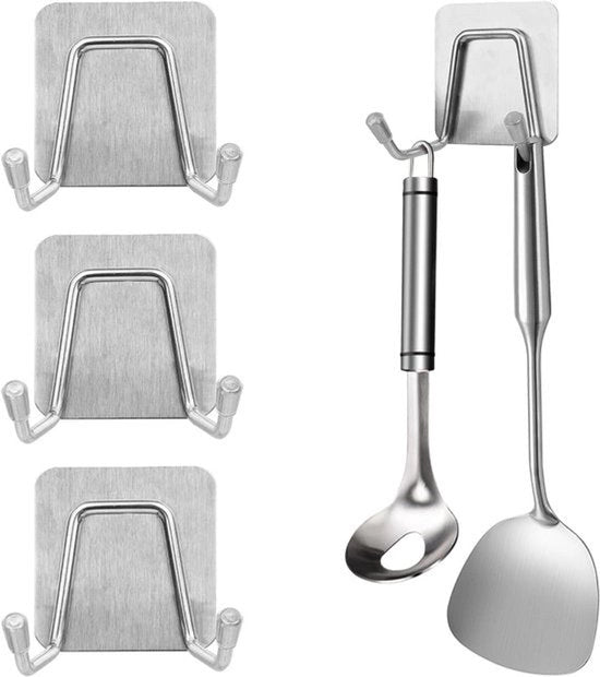 Viti a muro - Acciaio inossidabile - Senza foratura - Cucina e doccia - Adesivo auto - Doppio gancio - Adatto per utensili da cucina e saponi per doccia - 4 pezzi - Progettato con doppio gancio per uso pesante