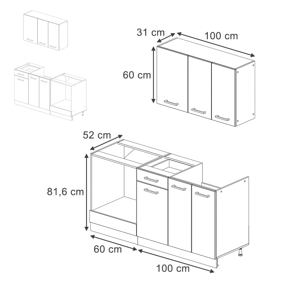 Vicco Cucina monoblocco Nero lucido/bianco 160 cm con colonna forno senza piano di lavoro