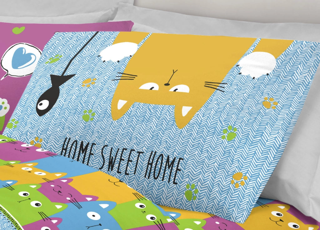 Completo Lenzuola Letto Pensieri Delicati 100% Cotone Dis. Happy Cat Multicolor - Matrimoniale - Multicolor
