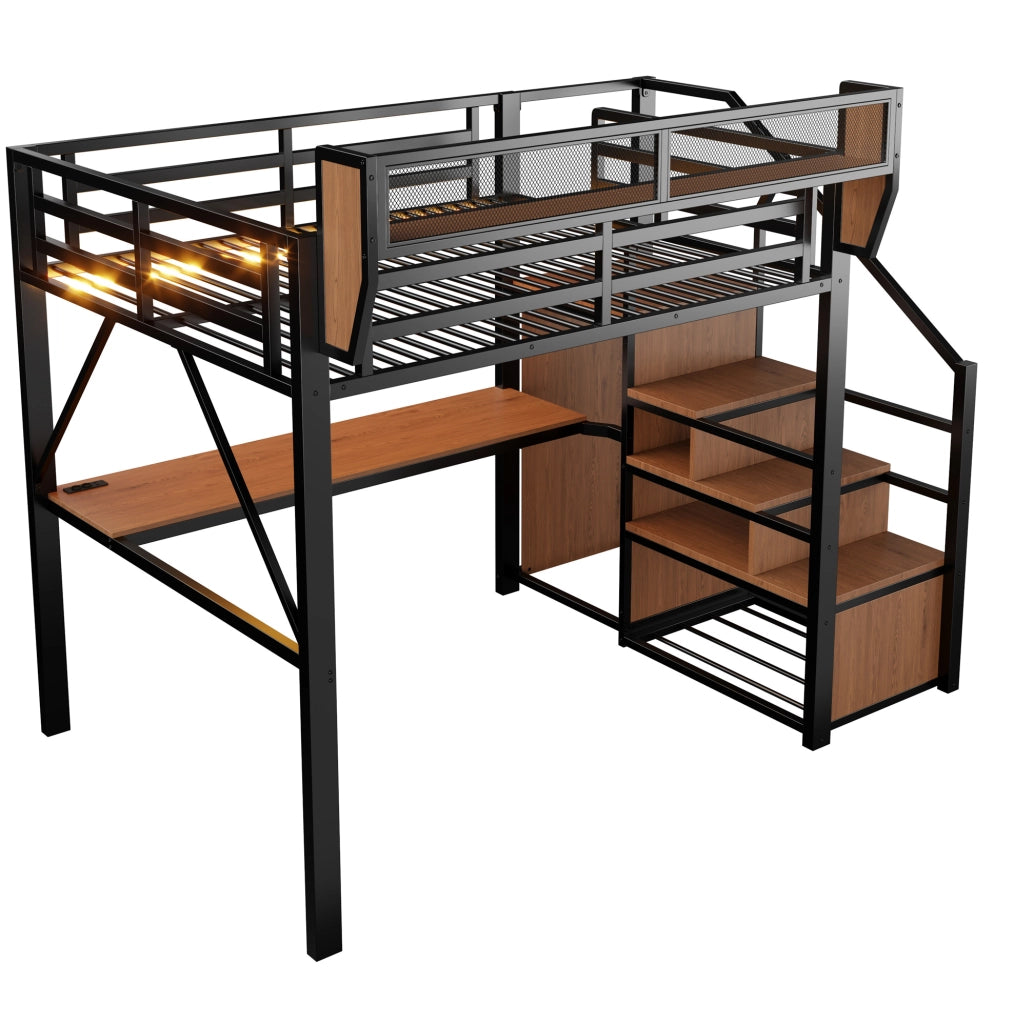 Letto a soppalco in metallo 140x200 cm con scrivania, LED e ripiani regolabili