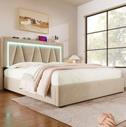 Letto imbottito 140x200 cm con contenitore; LED e USB Type C in lino
