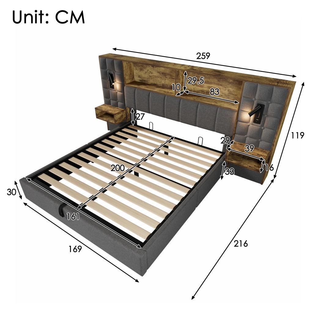 Letto Contenitore 160 x 200 cm; Letto Matrimoniale - USB; Type-C e 2 Lampade