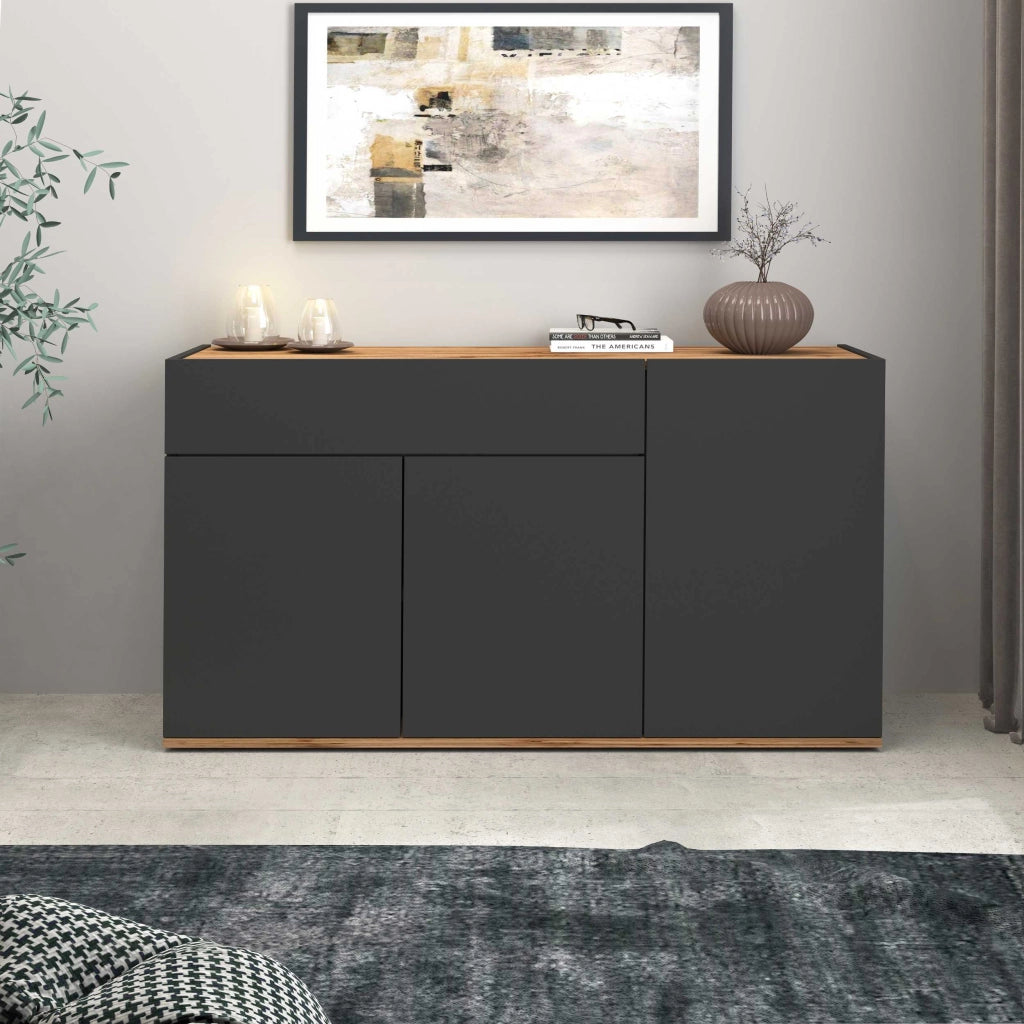 WHOUS Credenza Garda 3 ante e 1 cassetto antracite opaco e rovere 120,1x35x70 cm
