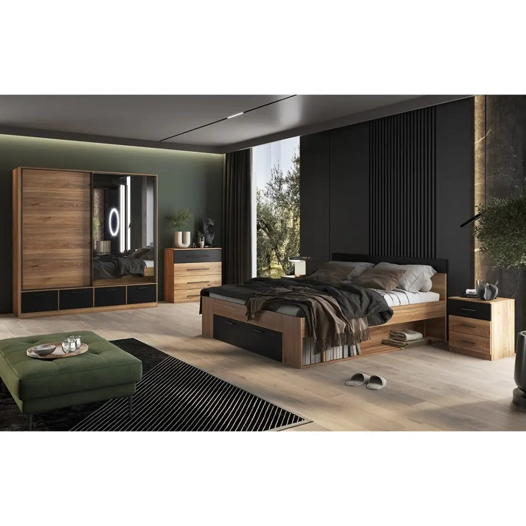 Camera da letto design collezione EOS: Armadio, Letto 160x200, cassettiera, comodini. Colore rovere chiaro e nero.