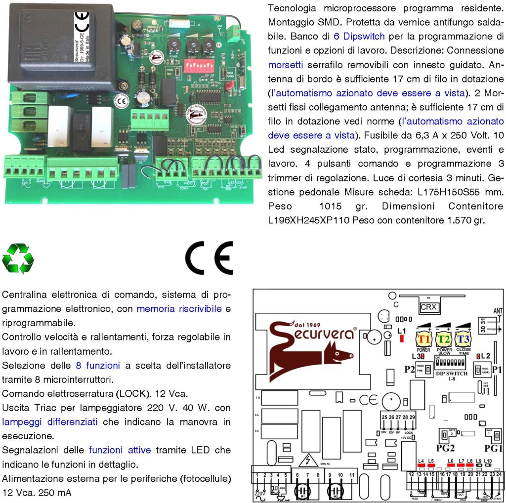 Scheda Elettronica Cancello 1-2 Ante Battenti 230 V Con Ricevente Radio 433,92 MHz Radiocomando R.C. Selezione Funzione Luce Cortesia Apertura Chiusura Automatica o Comando Programma in Apprendimento