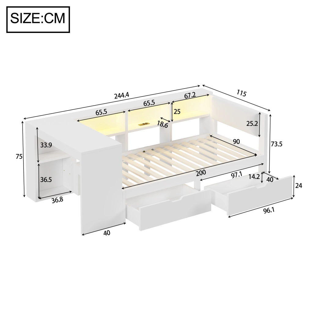 Letto a piattaforma 90x200 cm con testiera imbottita; vani contenitore; cassetti; LED e ricarica; bianco