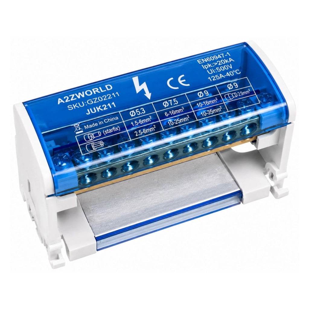 Morsettiera Ripartitore Bipolare, Box Di Connessione 2 Barre, 125A 690V, Scatola Di Distribuzione Per Quadro Elettrico, Ottone Nichelato, Coperchio Trasparente, PA Nylon UL94V0 (11 Vie)