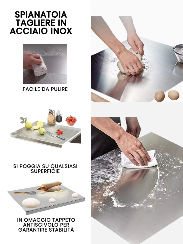 Spianatoia Tagliere in Acciaio Inox 304 per Impastare, con Tappeto Antiscivolo Omaggio 80x48 cm