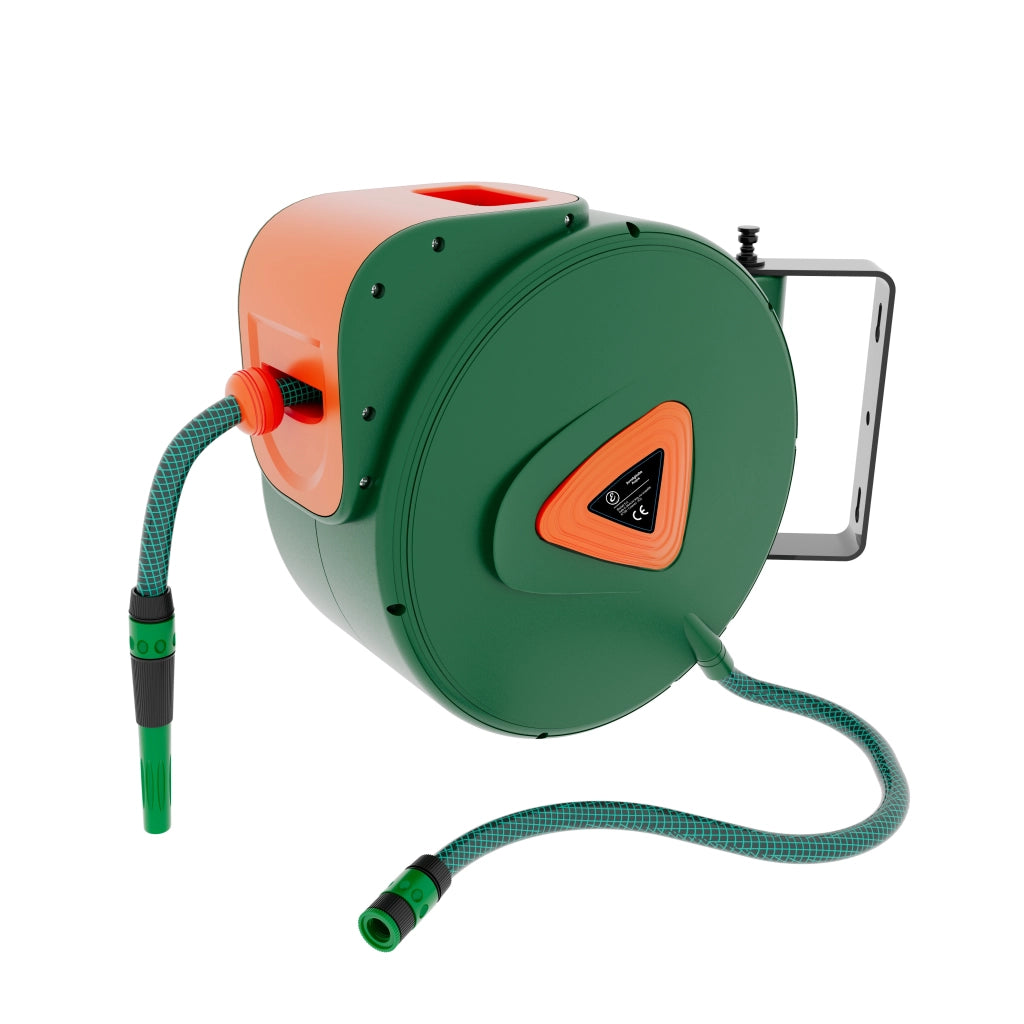 Avvolgitubo Da Giardino Per Acqua Con Tubo In PVC Attacco 1/2" Fissaggio Parete Muro Sistema Blocco Automatico Riavvolgitore Auto Stop Accessorio Esterno Salvaspazio Pressione 24 Bar (20 + 2 M)