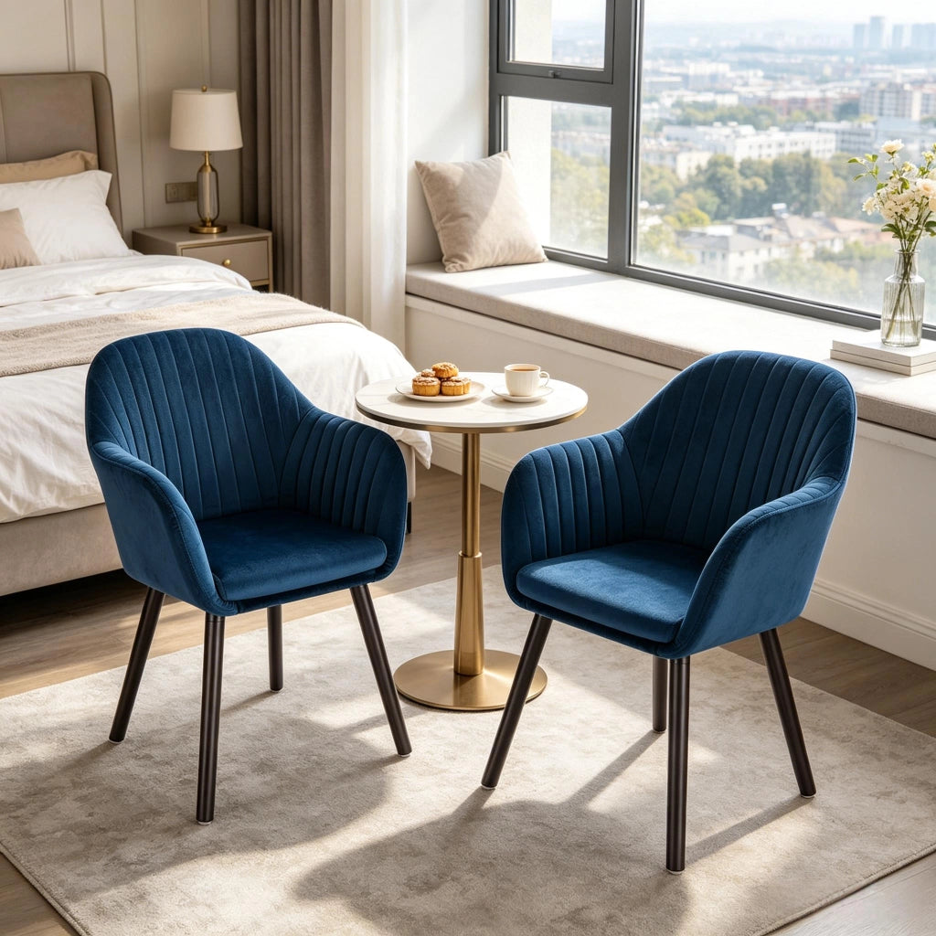 Sedia da pranzo 2 pezzi in velluto con schienale ergonomico e gambe in metallo e legno massiccio nero e blu