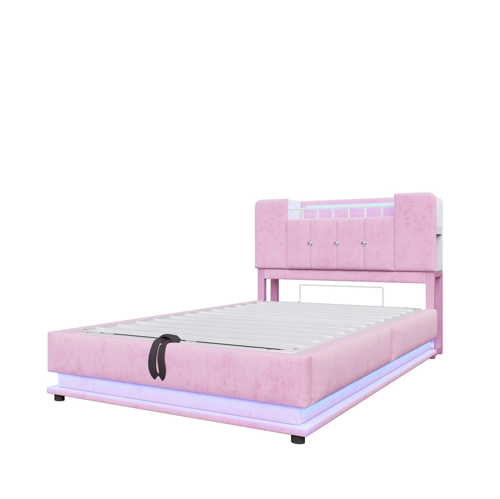 Letto imbottito 90x200 cm con LED; USB e contenitore in velluto rosa