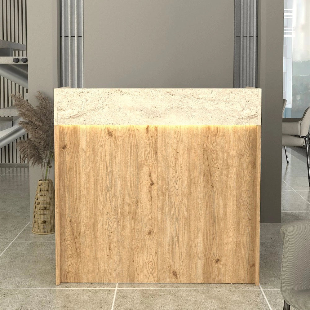 Bancone Reception Wilko 110 cm Rovere con Dettaglio Travertino e LED – Design Moderno