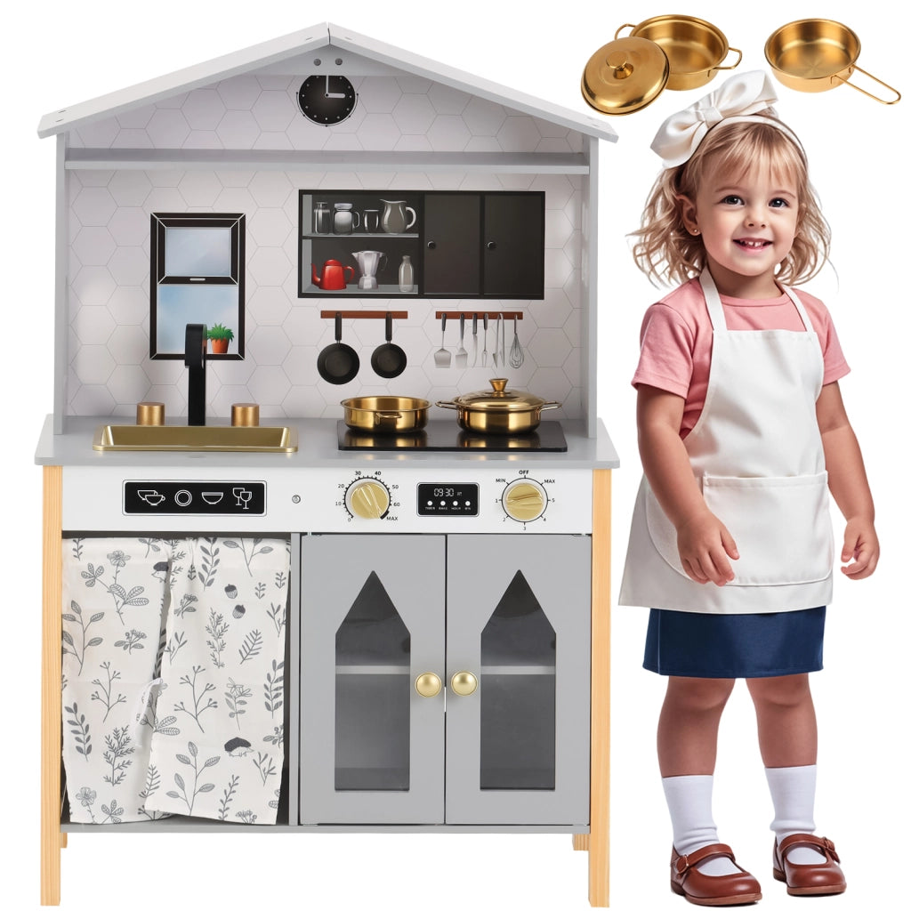 Cucina per bambini, cucina giocattolo - design creativo a forma di casa, accessori ed effetti a sorpresa, adatta a bambini dai 3 anni in su, legno + p