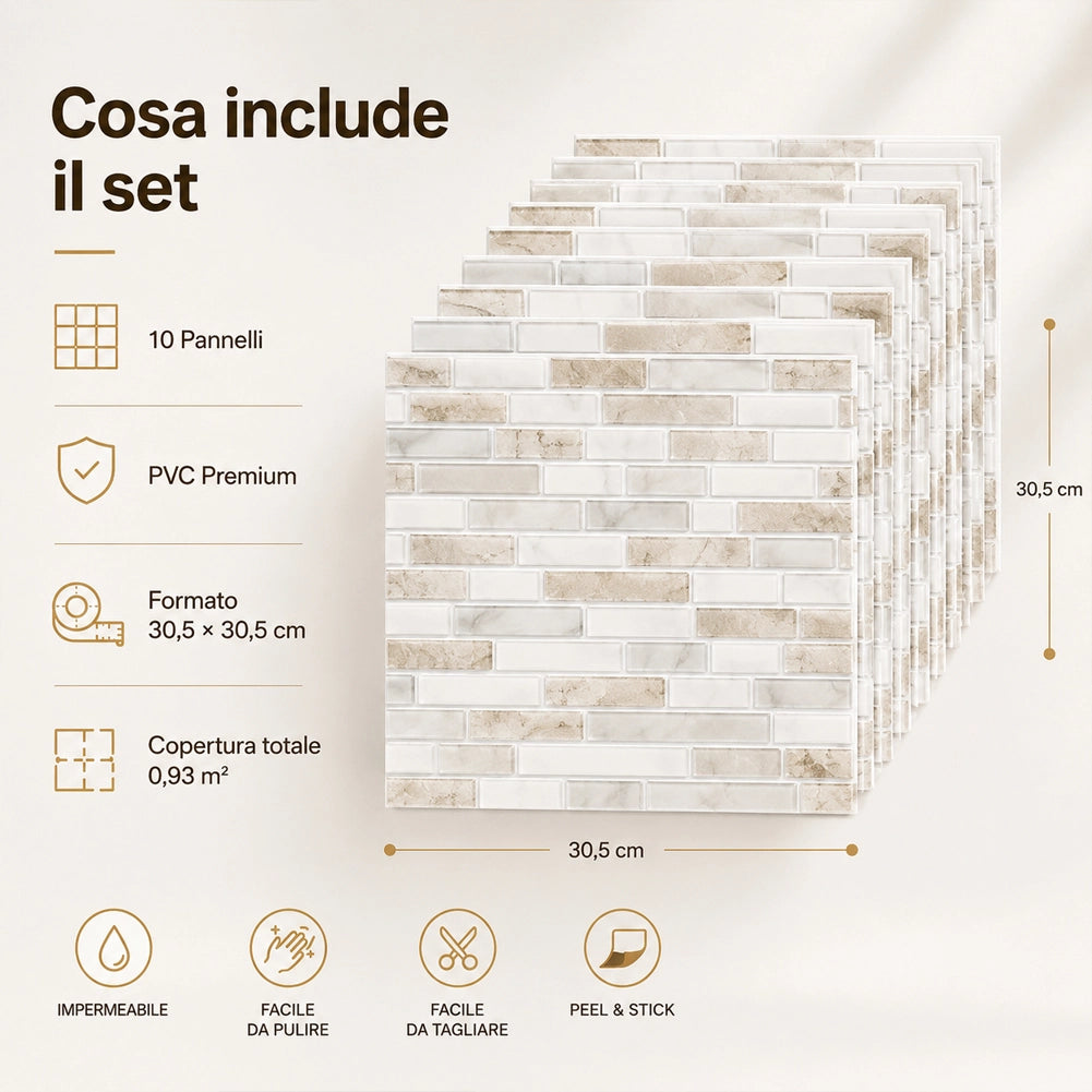 Set 10 Pannelli Adesivi Piastrelle da Parete 30,5 cm Decoro Mosaico Mattoncini in PVC Beige