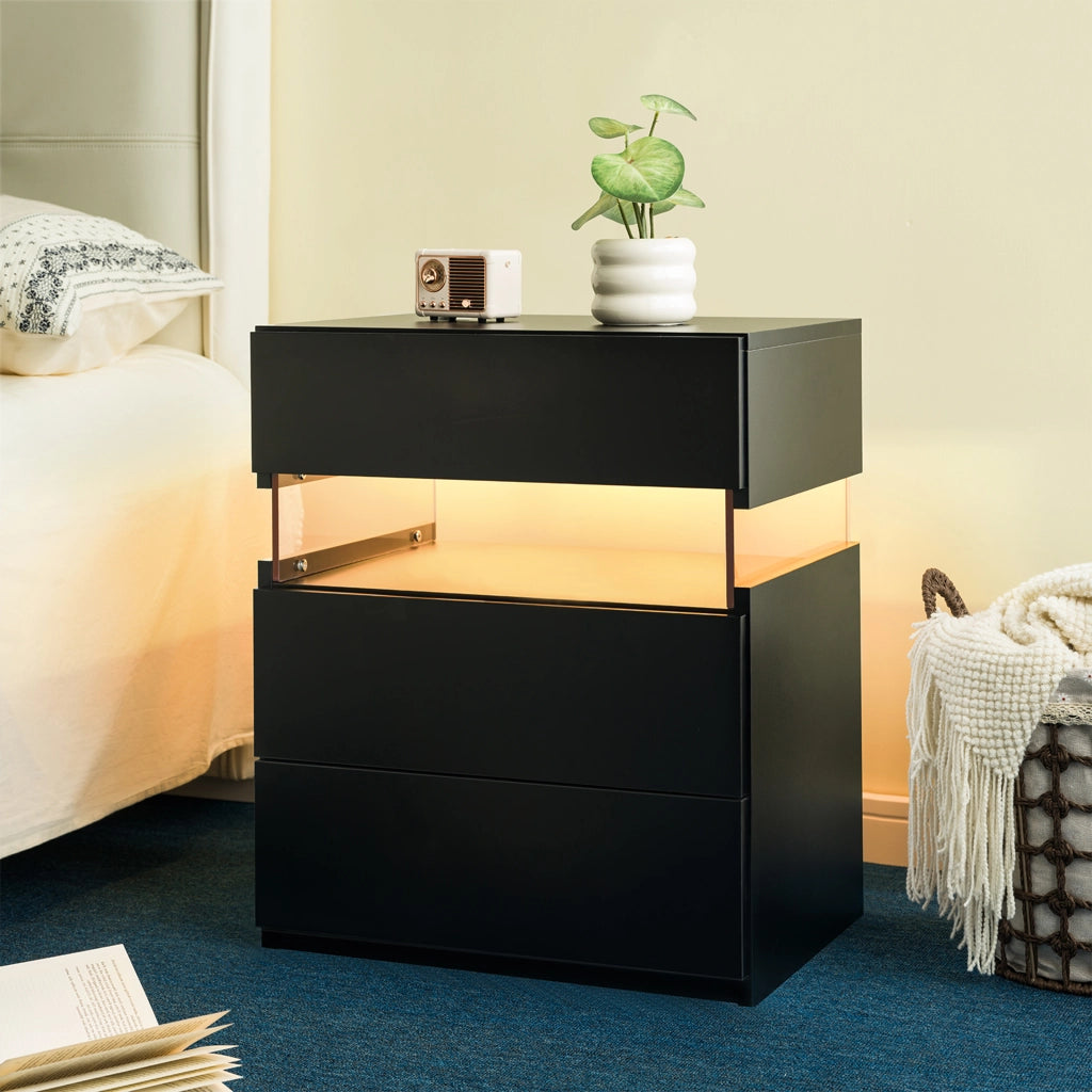 Comodino LED a 3 cassetti con pannello acrilico, colore nero