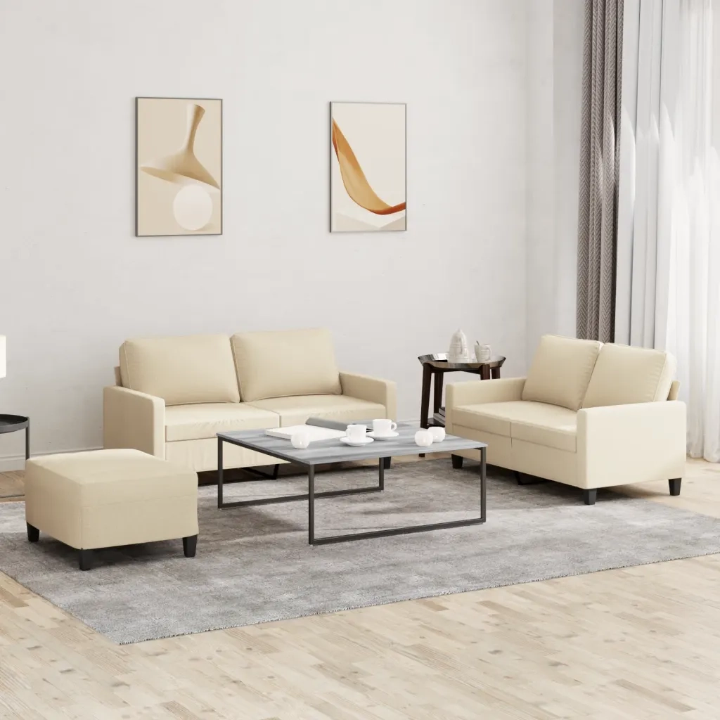 Set di Divani 3 pz con Cuscini Crema in Tessuto