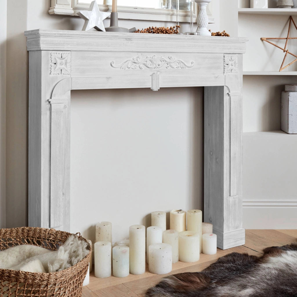 Cornice per caminetto effetto legno, bianco ceruleo