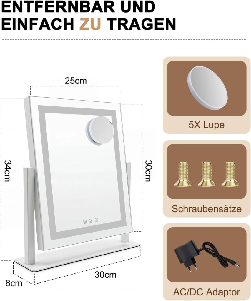 ZMH Specchio per il trucco illuminato a LED 25x30cm 3 modalità di illuminazione regolabili con una semplice pressione