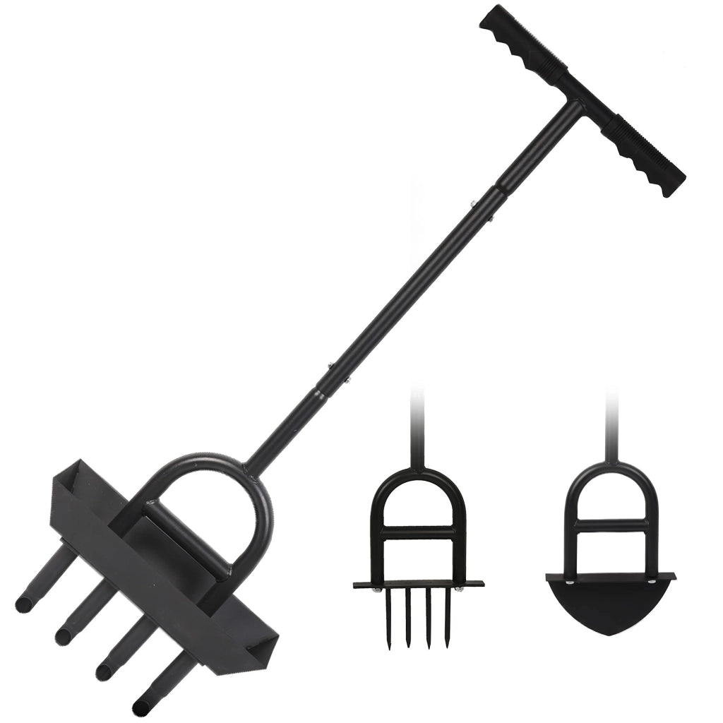 Aeroforge - Arieggiatore per Prato Manuale 3 in 1 con Aeratore a 4 Punte Pala a Mezzaluna e Carotaggio con Vassoio di Stoccaggio Nero