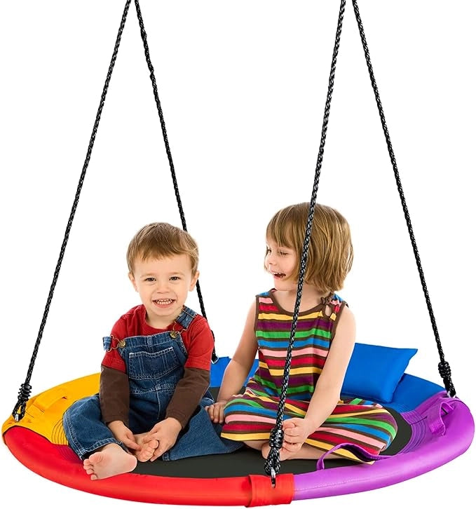 Altalena a Nido per Bambini, Altalena Rotonda con Corde Regolabili in Altezza, Cuscino e Maniglia, Ideale per Cortile e Giardino, Capacità di Carico 150 kg