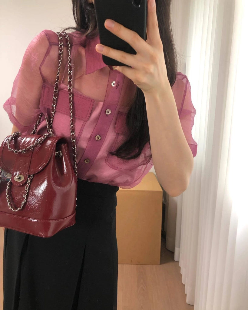 Zaino da donna coreano in vera pelle, colore rosso