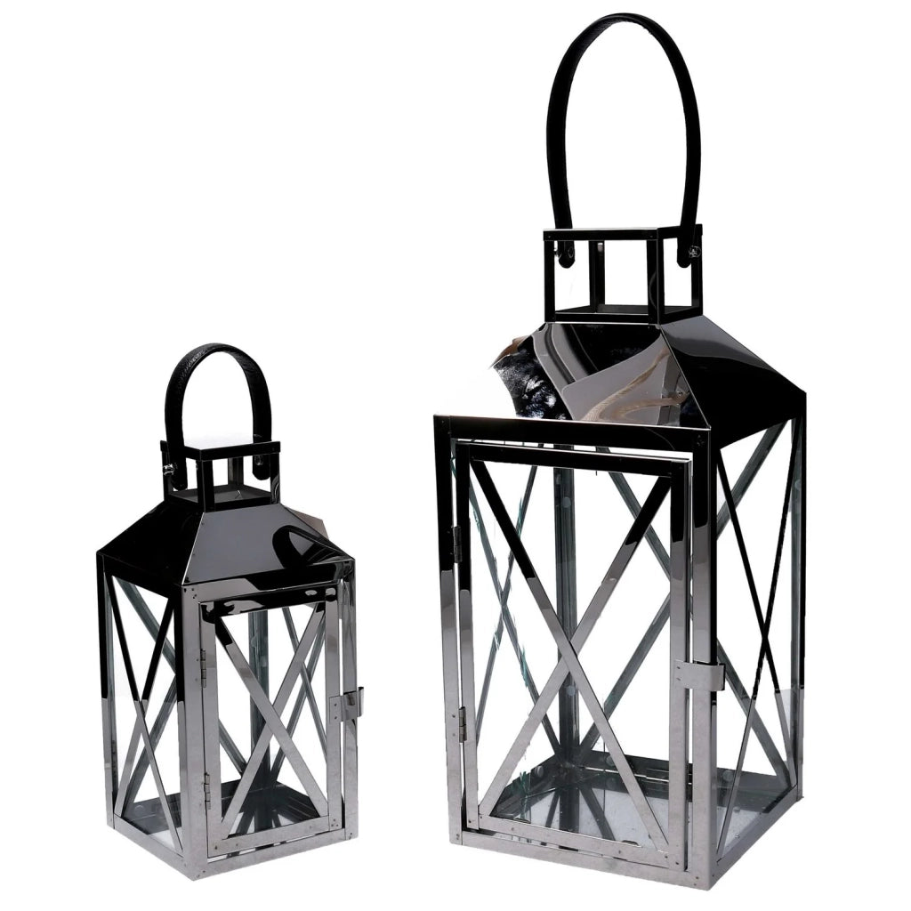 Lanterna Portacandela set 2 pz Argento in metallo Lanterna piccola 13x13 h 27 5 cm  grande 19x19 h 42 cm