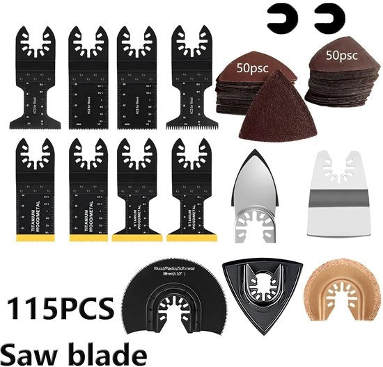 Set di 115 lamine vibranti, accessori per multitool zangranti vibranti con sistema di cambio rapido e carta abrasiva, adatti per legno, metallo e plastica.