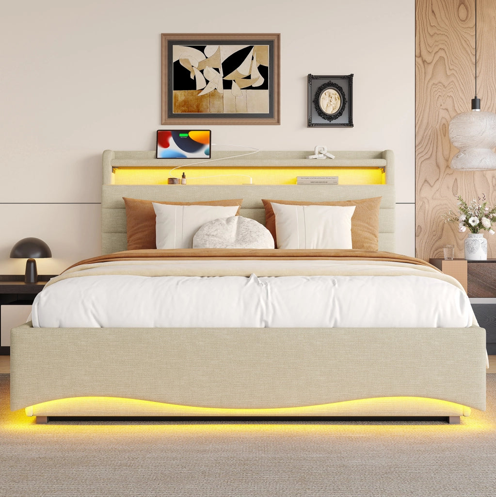 Letto imbottito 140x200 cm con LED e vano contenitore; lino beige (Senza materasso)