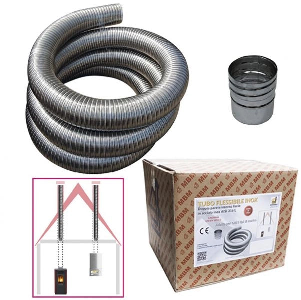 Kit tubo acciaio inox 316 flessibile 10 mt diametro 60 mm interno liscio a norma CE EN 1856 2 canna fumaria