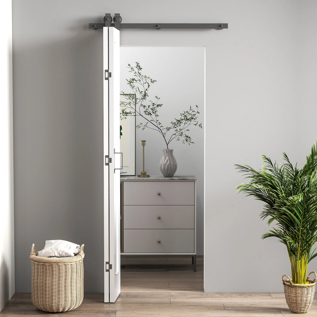 Porta Scorrevole a Libro Pieghevole a Portafoglio 70x210 cm con Superficie Verniciabile in MDF e Acciaio Bianco