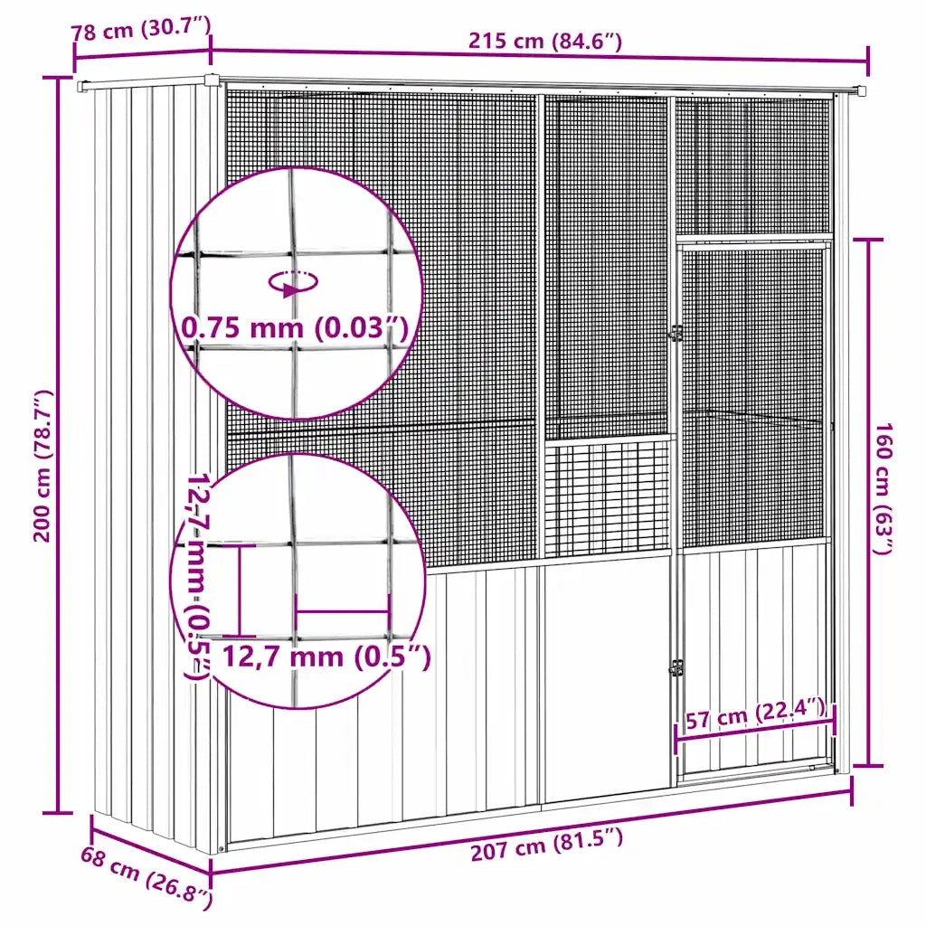 Gabbia per Uccelli Antracite 215x78x200 cm in Acciaio Zincato 172344
