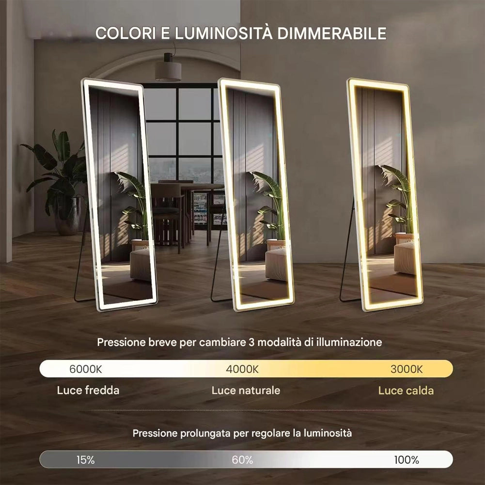 Specchio da terra grande figura intera con luci LED 160 x 50 cm Pulsante Touch