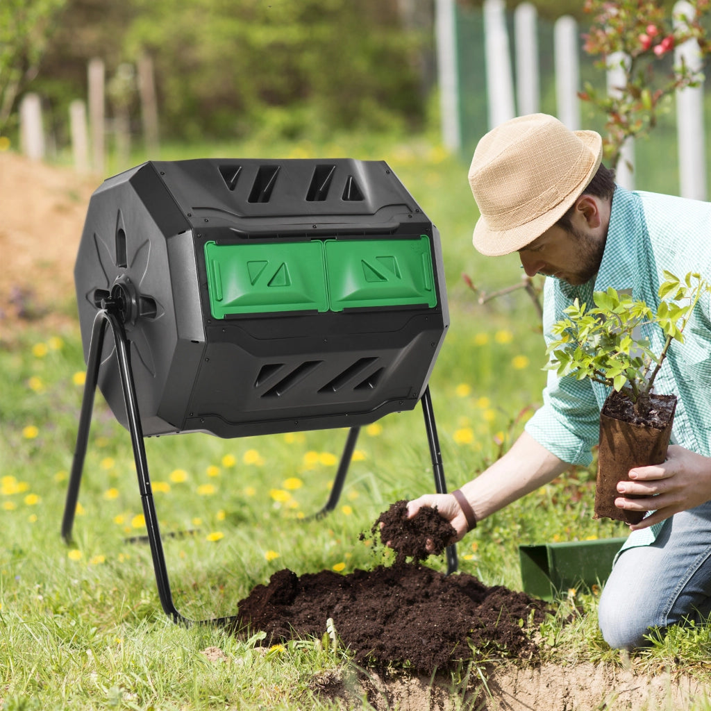 Compostiera a tamburo da 160 litri, compostatrice da giardino con 2 scomparti, girevole, per rifiuti organici, nera, efficiente e robusta.