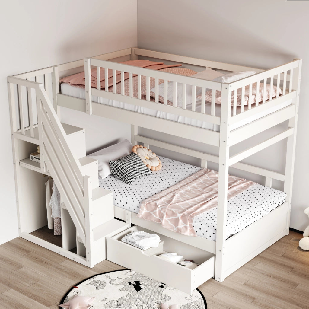 Letto a Castello 2 Posti con Scala Contenitore; Cassetto e Sponda Alta; 90 x 200 cm; senza Materasso; Bianco
